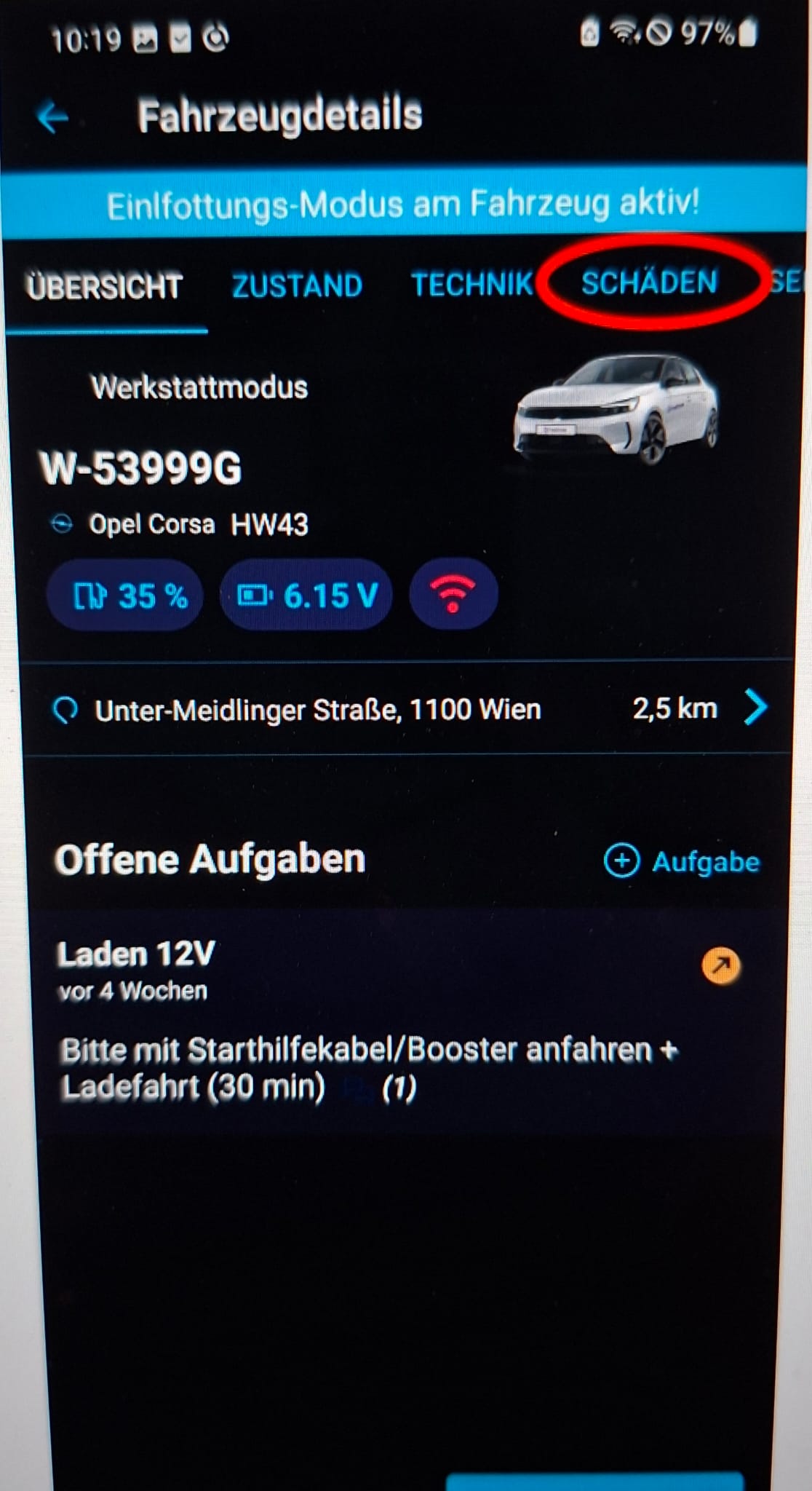 ISAbell vehicle details with the Damages (Schäden) tab highlighted