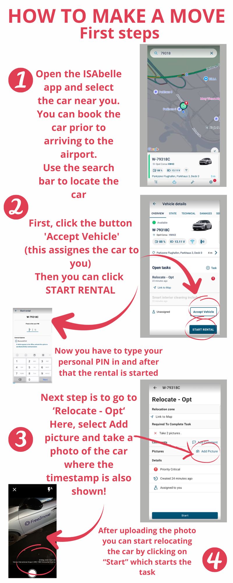 How to make a move, first steps: open the ISAbell app, accept the vehicle, enter your PIN, take a photo and start the task