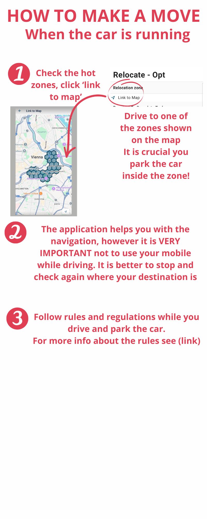 How to make a move when the car is running: check the hot zones, use link to map, and park inside the zone