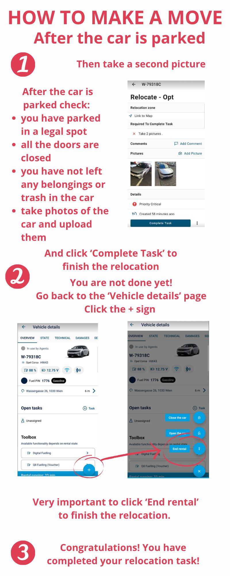How to make a move after the car is parked: take a second photo, complete the task and end the rental